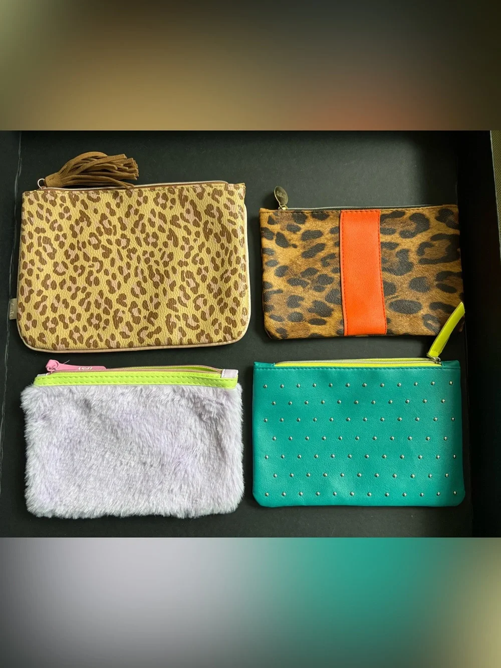 ipsy Leopard & Orange Accent Cosmetic Pouch Set with Teal and Lilac Cases